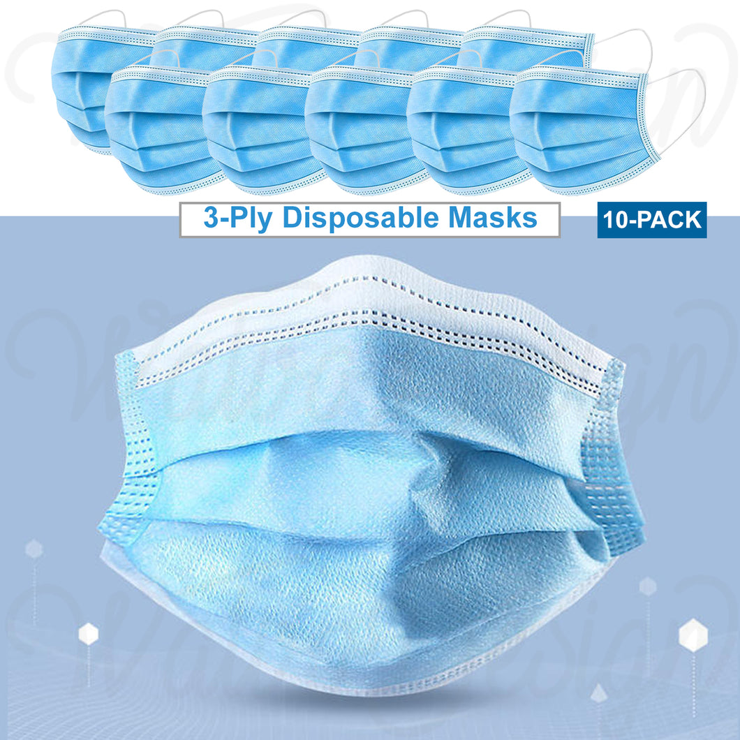 Disposable 3-Ply Ear-loop Protective Face Masks (10-pack)
